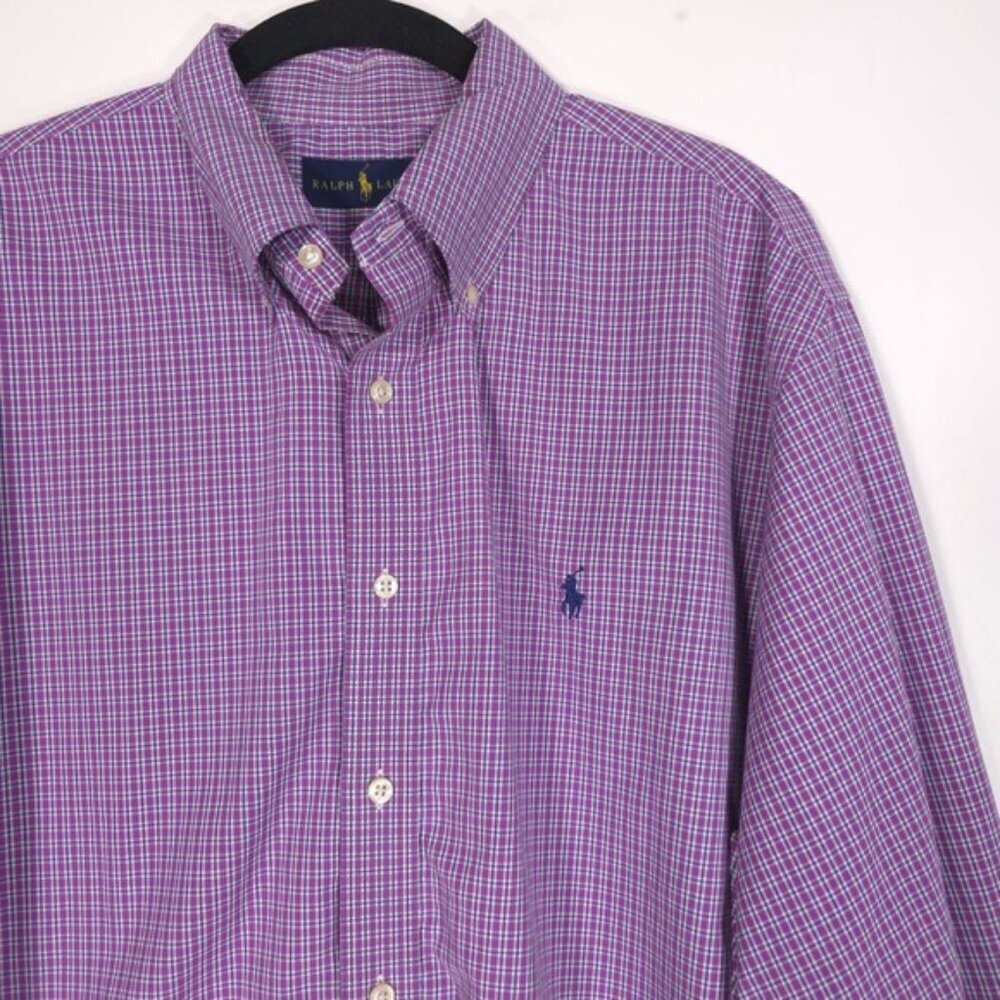 RALPH LAUREN Men’s Shirt Plaid Purple Cotton LS Button Down Size 17.5 34/35